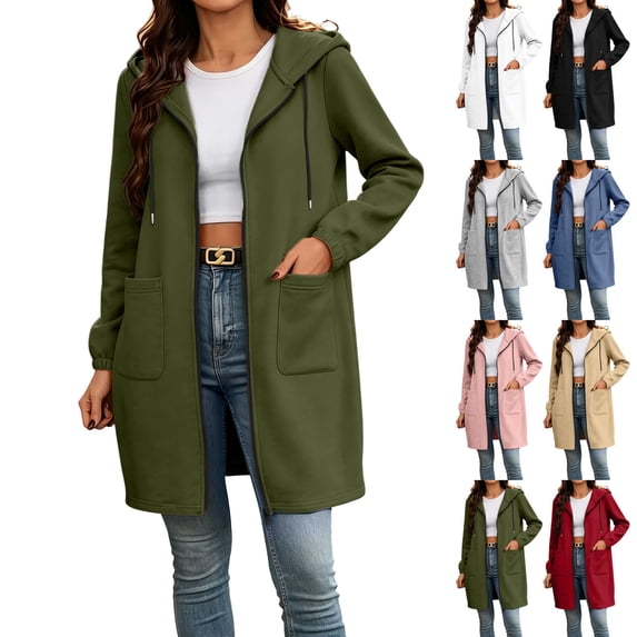 Sweatshirt for Women Dqueduo Women's Winter Hooded Long Sleeve Mid-Length Sweater Jacket – Cozy Pocket Coat Army Green XL