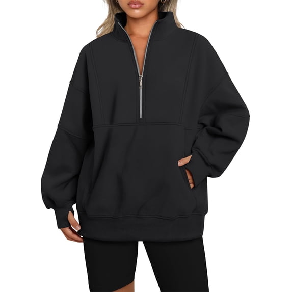 Sweatshirt for Women Fall Half Zip Pullover Oversized Fleece Mock Neck Hoodies Fashion Outfits Winter Clothing Black M