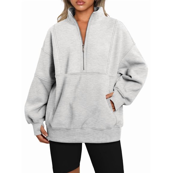 Sweatshirt for Women Fall Half Zip Pullover Oversized Fleece Mock Neck Hoodies Fashion Outfits Winter Clothing Gray L