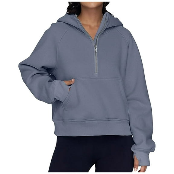 Sweatshirt for Women Fall Solid Half Zip Hoodie Long Sleeve Cotton Blend Relaxed Fit Hooded Sweatshirt with A Front Pocket Sweatshirt Blue L