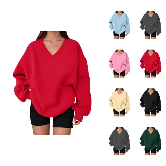 Sweatshirt for Women Fall Winter Cute V Neck Oversized Sweat Shirts Pullover Tops