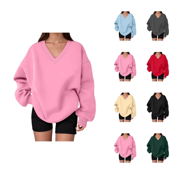 Sweatshirt for Women Fall Winter Cute V Neck Oversized Sweat Shirts Pullover Tops