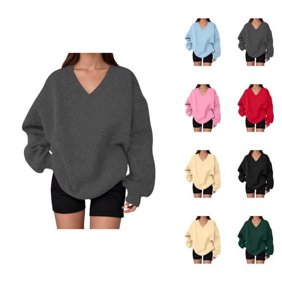 Sweatshirt for Women Fall Winter Cute V Neck Oversized Sweat Shirts Pullover Tops