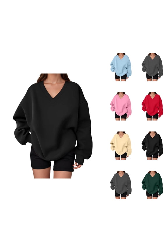 Sweatshirt for Women Fall Winter Cute V Neck Oversized Sweat Shirts Pullover Tops