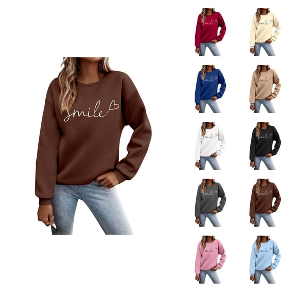 Sweatshirt for Women Fall Winter Long Sleeve Casual Crewneck Smile Letter Graphic Sweatshirts Pullover Tops