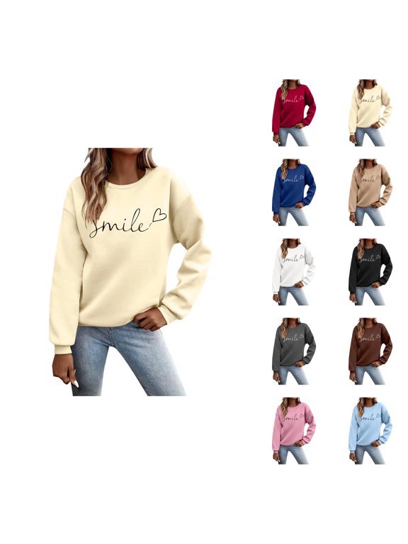 Sweatshirt for Women Fall Winter Long Sleeve Casual Crewneck Smile Letter Graphic Sweatshirts Pullover Tops
