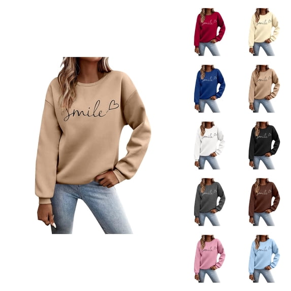 Sweatshirt for Women Fall Winter Long Sleeve Casual Crewneck Smile Letter Graphic Sweatshirts Pullover Tops