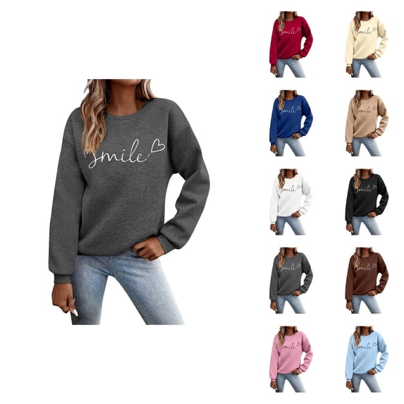 Sweatshirt for Women Fall Winter Long Sleeve Casual Crewneck Smile Letter Graphic Sweatshirts Pullover Tops