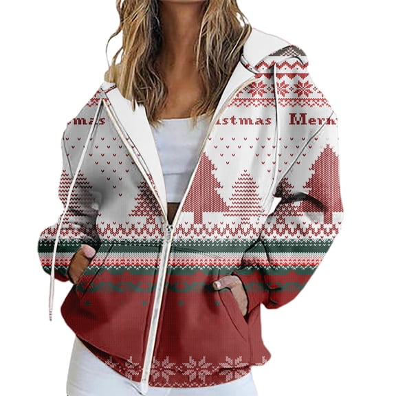 Sweatshirt for Women Family Christmas Blouses Funny Womens Long Sleeve Tops Zip Up Women's Clothing Red