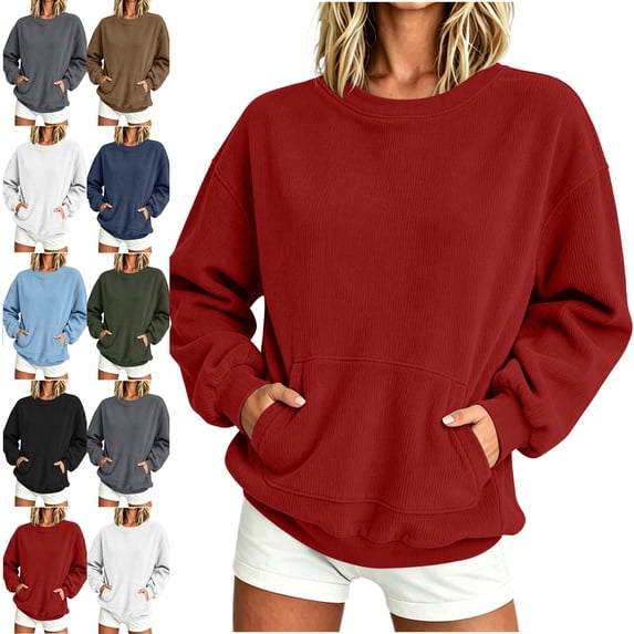 Sweatshirt for Women Fashion Lightweight Fall Corduroy Sports Long Sleeve Pocket Sweatshirt Top