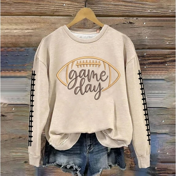 Sweatshirt for Women Game Day Football Graphic Print Sunday Casual Long Sleeve Crewneck 2024 Fall Pullover Beige L