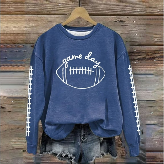 Sweatshirt for Women Game Day Football Graphic Print Sunday Casual Long Sleeve Crewneck 2024 Fall Pullover Blue S