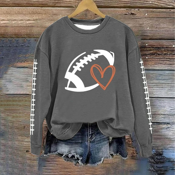 Sweatshirt for Women Game Day Football Graphic Print Sunday Casual Long Sleeve Crewneck 2024 Fall Pullover Dark Gray L