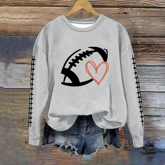 Sweatshirt for Women Game Day Football Graphic Print Sunday Casual Long Sleeve Crewneck 2024 Fall Pullover Gray XL