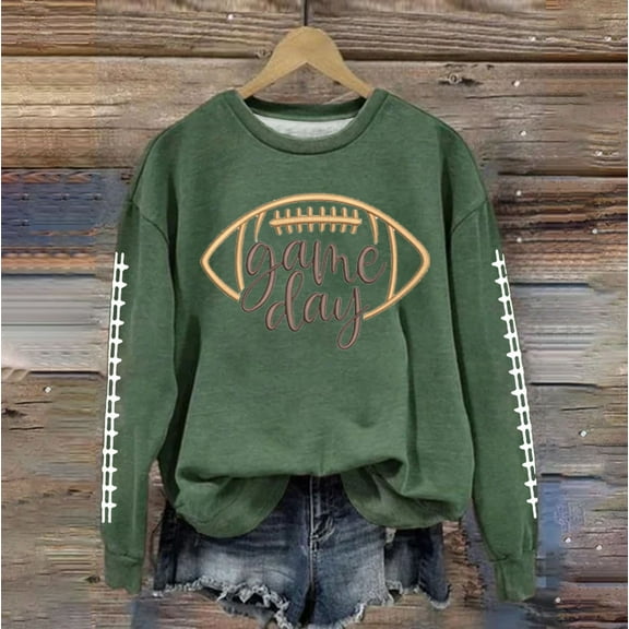 Sweatshirt for Women Game Day Football Graphic Print Sunday Casual Long Sleeve Crewneck 2024 Fall Pullover Green XL