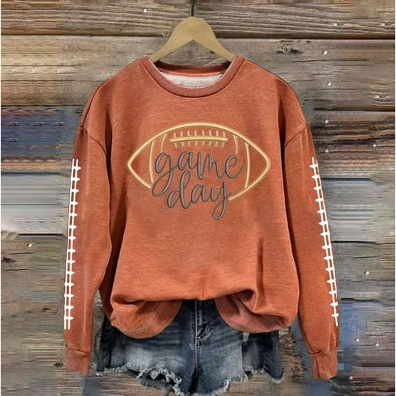 Sweatshirt for Women Game Day Football Graphic Print Sunday Casual Long Sleeve Crewneck 2024 Fall Pullover Orange XXL