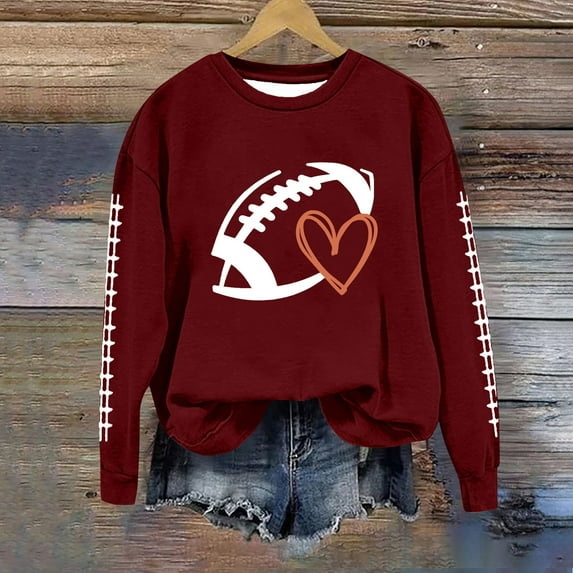 Sweatshirt for Women Game Day Football Graphic Print Sunday Casual Long Sleeve Crewneck 2024 Fall Pullover Wine L