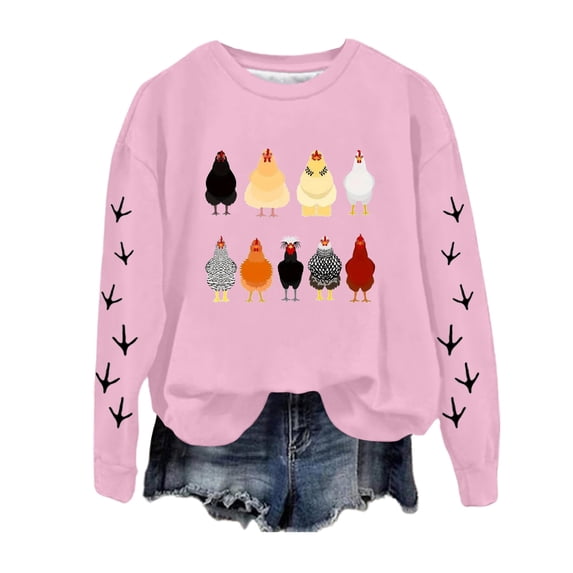 Sweatshirt for Women Graphic Casual Full Sleeve Crewneck Long Sleeve Chicken Graphic Printed Pullover Blouse Top