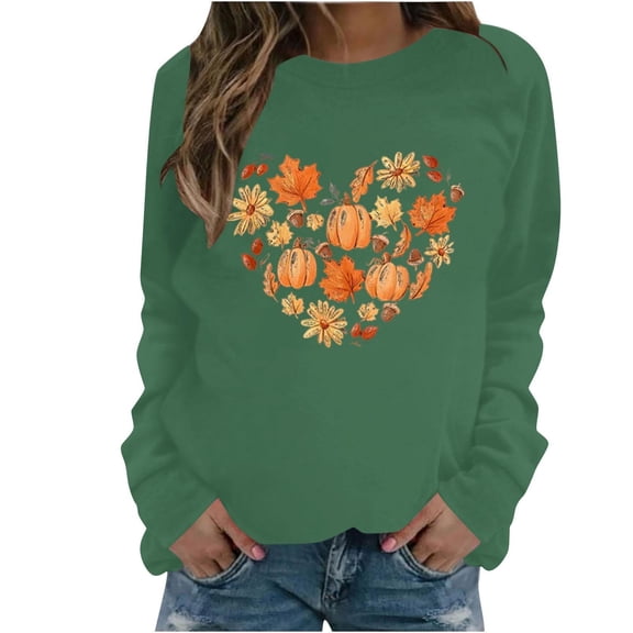 Sweatshirt for Women Graphic Crewneck Plus Size Thanksgiving Sweatshirts Pumpkin Long Sleeve Pullover Shirt Tops (Green XL)