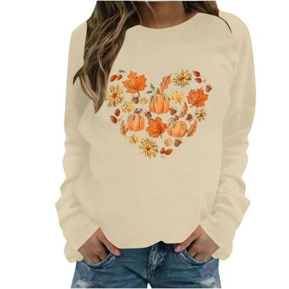 Sweatshirt for Women Graphic Crewneck Plus Size Thanksgiving Sweatshirts Pumpkin Long Sleeve Pullover Shirt Tops (Khaki M)