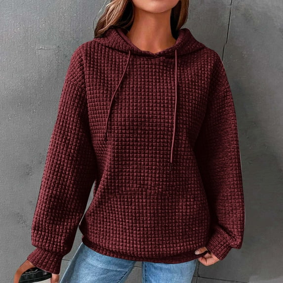 Sweatshirt for Women Hooded Waffle Plain Long Sleeve Round Neck Casual Hoodie Sweatshirts Wine L