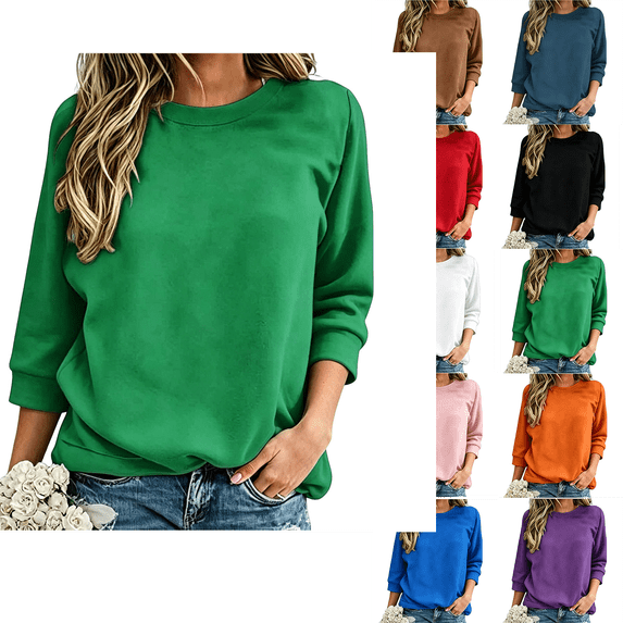Sweatshirt for Women Hzzrkos Women's Solid Color Loose Winter Fashionable Casual 3/4 Sleeve Head Round Neck Sweatshirt Green XL