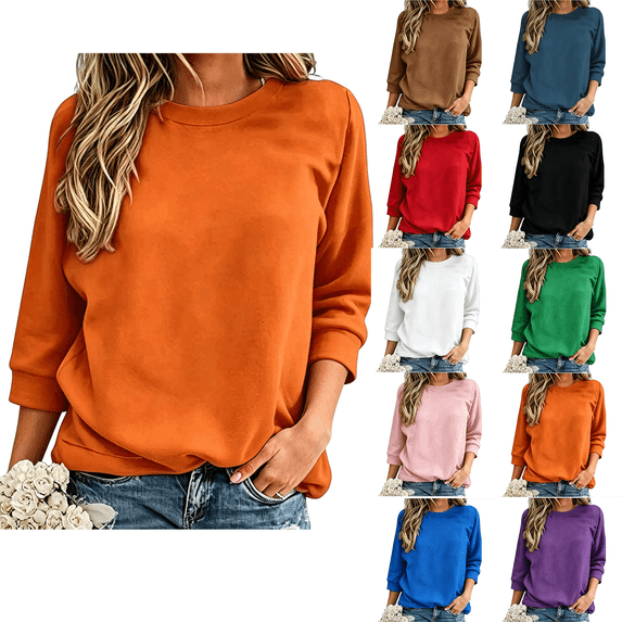 Sweatshirt for Women Hzzrkos Women's Solid Color Loose Winter Fashionable Casual 3/4 Sleeve Head Round Neck Sweatshirt Orange M