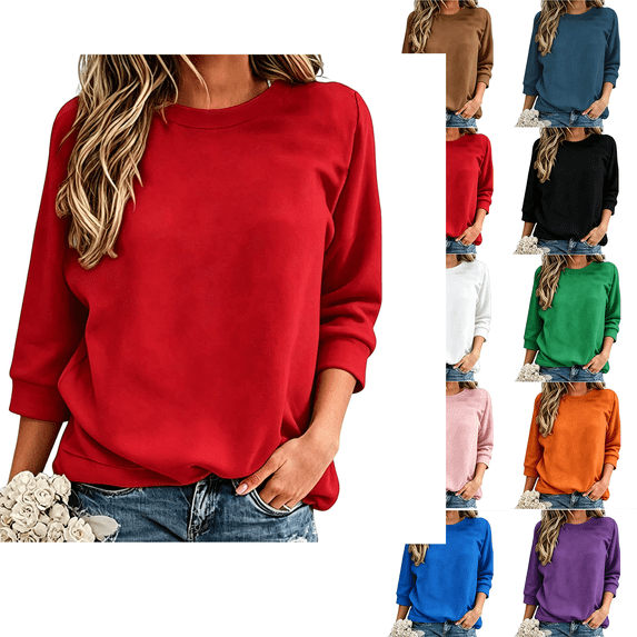Sweatshirt for Women Hzzrkos Women's Solid Color Loose Winter Fashionable Casual 3/4 Sleeve Head Round Neck Sweatshirt Red XL