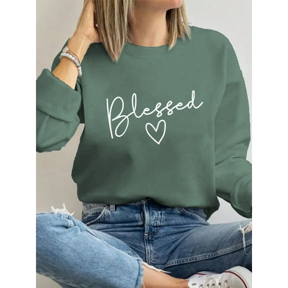 Woman Thanksgiving Sweatshirt Blessed Graphic Shirt Casual Loose Long Sleeve Green Top