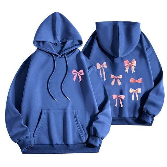 Sweatshirt for Women Long Sleeve Hoodies Bow Tie Print Casual Fall Loose Pullover Hooded Sweatshirt Blue L