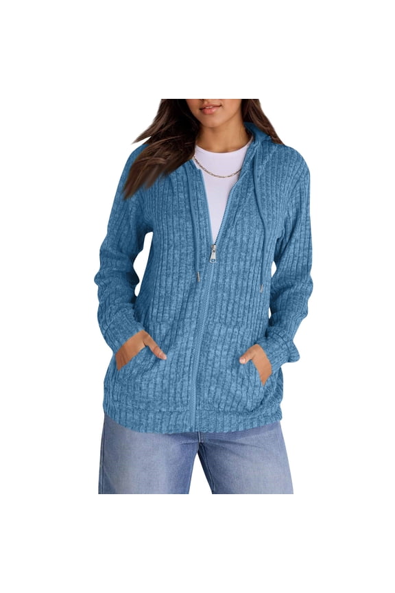 Sweatshirt for Women Long Sleeve Knitted Zip up Hoodies Ribbed Pullover Loose Fit Casual Comfty Pullover with Pockets