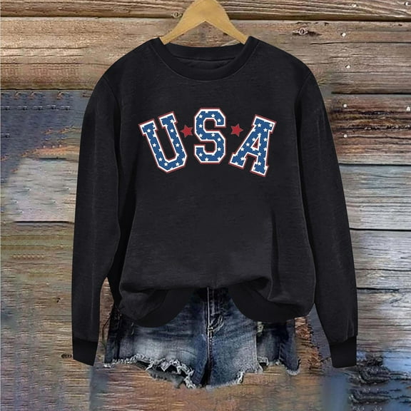 Sweatshirt for Women Long Sleeve Printed Round Neck Independence Day Casual Sweatshirts Black,Womens Tops