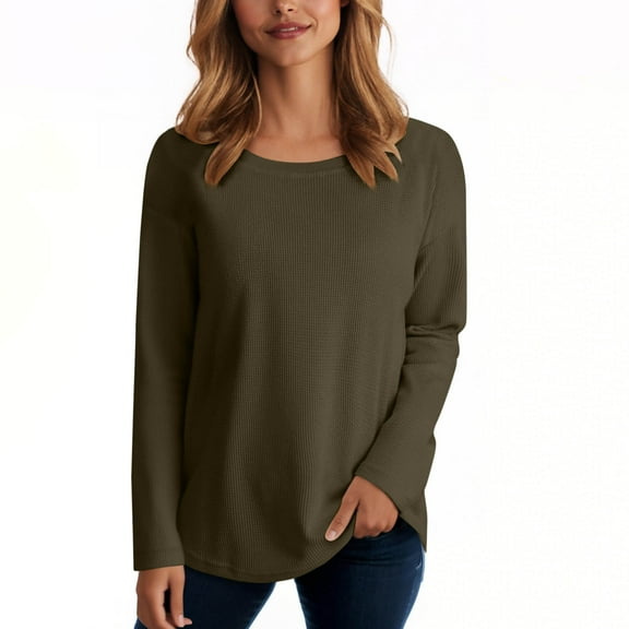 Sweatshirt for Women Long Sleeve Round Neck Casual Sweatshirt Shirts Fall Pullover Solid Color Tops Army Green Womens Blouse