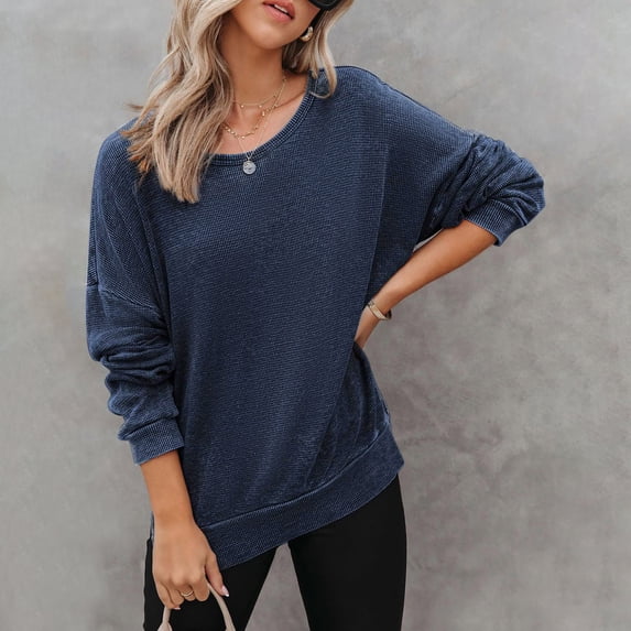 Sweatshirt for Women Long Sleeve Side Slits Casual Pullover Tops Oversized Waffle Knit Crewneck Sweatshirts M