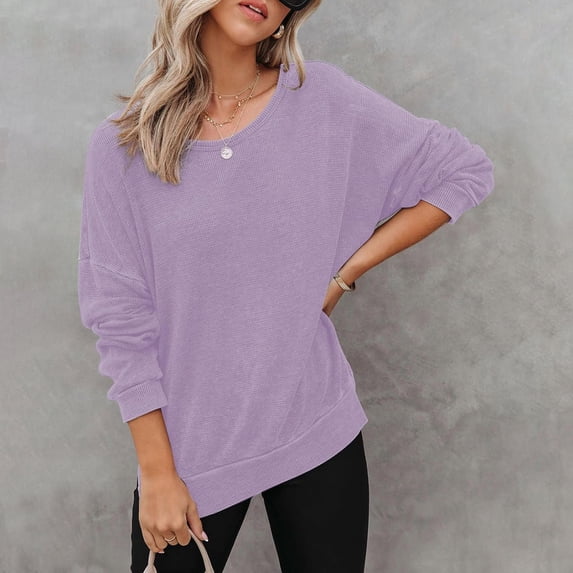 Sweatshirt for Women Long Sleeve Side Slits Casual Pullover Tops Oversized Waffle Knit Crewneck Sweatshirts XL