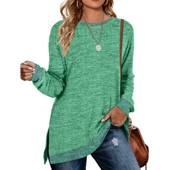 Sweatshirt for Women Long Sleeve Tunic Tops Color Block Crewneck Sweatshirts Side Split