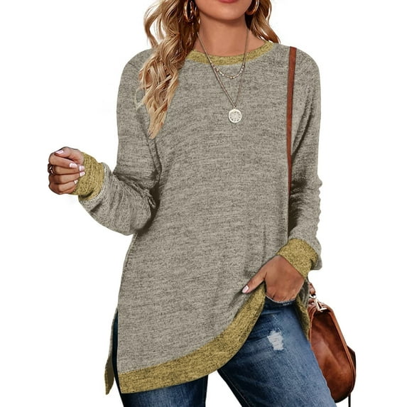 Sweatshirt for Women Long Sleeve Tunic Tops Color Block Crewneck Sweatshirts Side Split