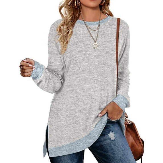 Sweatshirt for Women Long Sleeve Tunic Tops Color Block Crewneck Sweatshirts Side Split