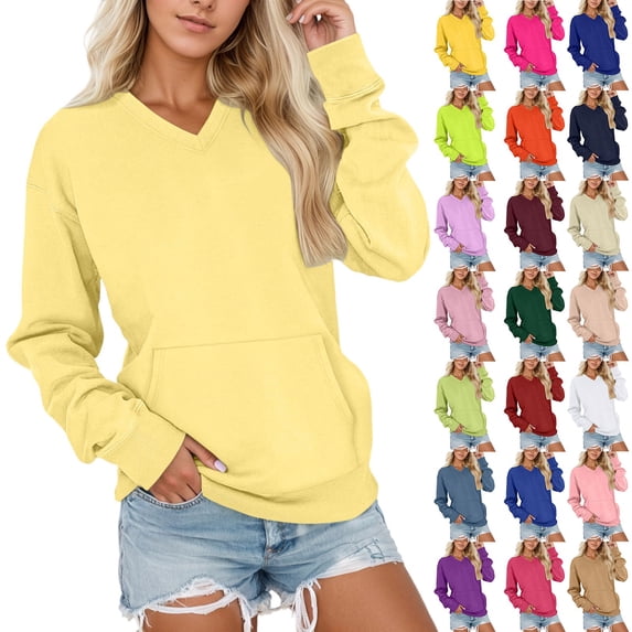Sweatshirt for Women Long Sleeve V Neck Soft Pullover Tops Loose Fall Winter Lounge Light Yellow Shirt S