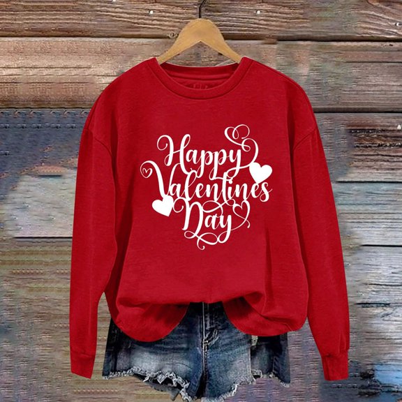 Sweatshirt for Women Love Heart Graphic Print Long Sleeve Pullover Tops Casual Crew Neck Valentine's Day Sweatshirts Red L