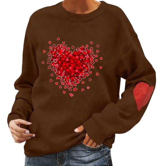 Sweatshirt for Women Love Heart Graphic Print Long Sleeve Pullover Tops Casual Crewneck Valentine's Day Sweatshirts Coffee M
