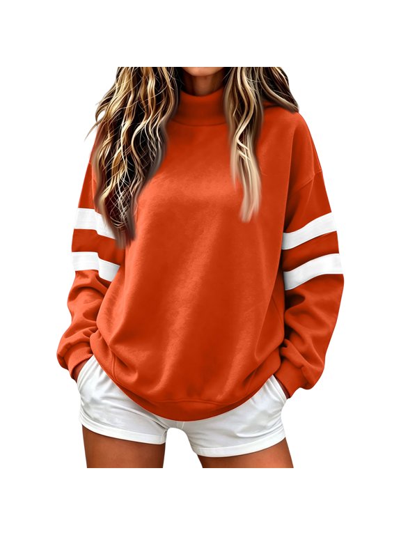 Sweatshirt for Women Mock Neck Long Sleeve Varsity Striped Casual Pullover Tops Cozy Work Oversized Trendy Sweatshirts Orange S