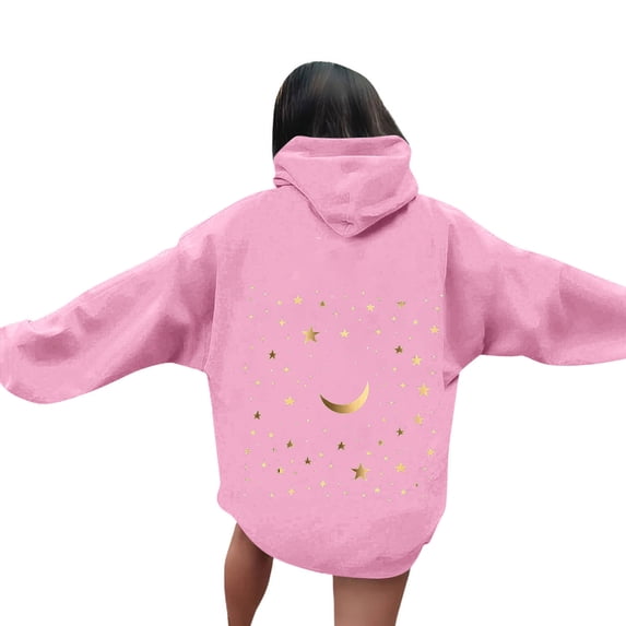 Sweatshirt for Women Ndbuld Women's Casual Printed Round Neck Long Sleeved Loose Hooded Sweatshirts Pink S