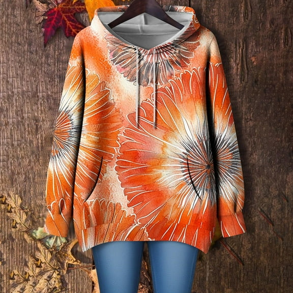 Sweatshirt for Women Ndbuld Women's Daily Print Loose Long Sleeved Off Shoulder Hooded Top Sweatshirt Orange 3XL
