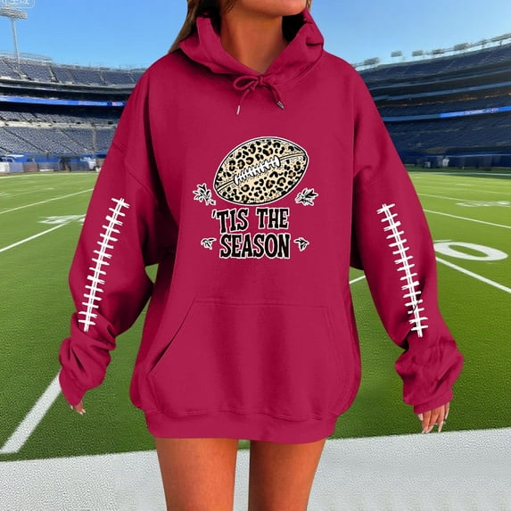 Sweatshirt for Women Ndbuld Women's Print Hooded Sweatshirt Long Top With Long Sleeves And Pockets Wine 2XL