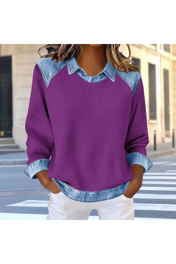 Sweatshirt for Women Neck Long Sleeve Casual Loose Fit Pullover Denim Contrast Raglan Sleeve Waffle Knit Soft Breathable Autumn Tops