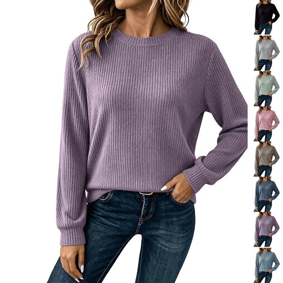 Sweatshirt for Women Nelozsy Fashion Women's Comfortable Round-Neck Long Sleeve Solid Casual T-shirt Blouse Purple M