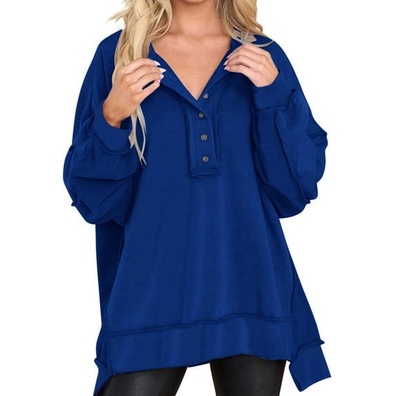 Sweatshirt for Women Oversized Casual Long Sleeve Button Henley Neck Pullover Tunic Tops Fall Fashion Outfits Blue XXL