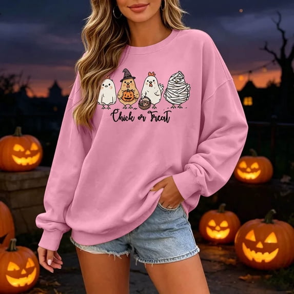 Sweatshirt for Women Oversized Halloween Chick Or Treat Graphic Crew Neck Long Sleeve Pullover Streetwear Holiday Top Fall Spring Outfits Pink S