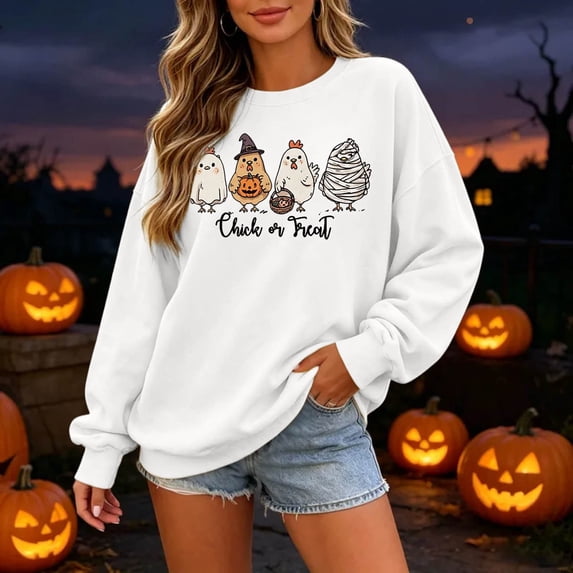 Sweatshirt for Women Oversized Halloween Chick Or Treat Graphic Crew Neck Long Sleeve Pullover Streetwear Holiday Top Fall Spring Outfits White XL